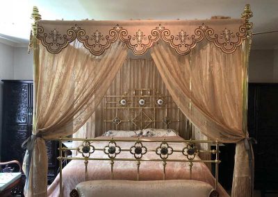 Timeless Recreation – King size, four poster, all brass bed with mother of pearl medallions